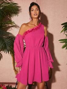 貼花不對稱領打結細節開衩荷葉袖洋裝 - 玫紅色 - 查看 5