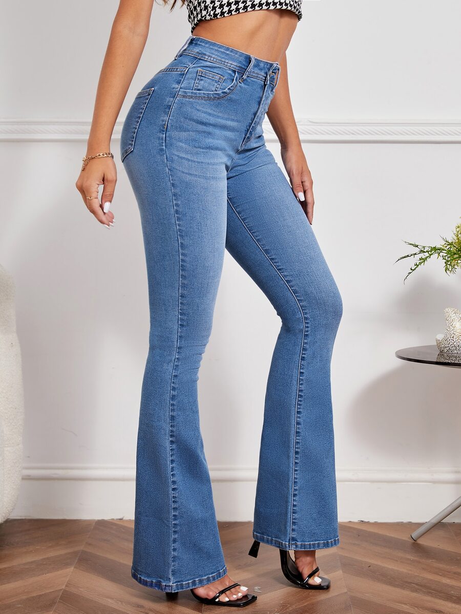 High Waist Flare Leg Jeans - Medium Wash - View 1