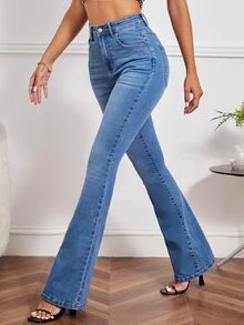 High Waist Flare Leg Jeans - Medium Wash - View 4