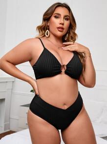 SHEIN Swim Curve Plus Kích Thước Gân Đan Bikini Bộ Chữ O Liên Kết Áo Ngực & Đáy Cao Cấp 2 Mảnh Bikini Đi Biển Mùa Hè - màu đen - Xem 3