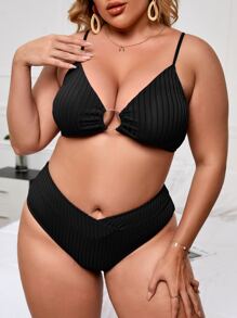 SHEIN Swim Curve Plus Kích Thước Gân Đan Bikini Bộ Chữ O Liên Kết Áo Ngực & Đáy Cao Cấp 2 Mảnh Bikini Đi Biển Mùa Hè - màu đen - Xem 5