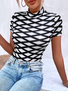 SHEIN Unity Áo thun nữ Hình học Tất cả trên in Giải trí - Đen và trắng - Xem 3