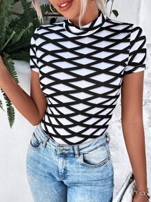 SHEIN Unity Áo thun nữ Hình học Tất cả trên in Giải trí - Đen và trắng - Xem 2