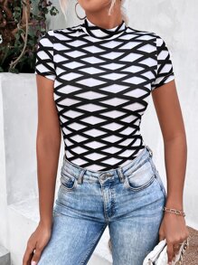 SHEIN Unity Áo thun nữ Hình học Tất cả trên in Giải trí - Đen và trắng - Xem 5