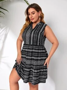 SHEIN Unity Plus Geo Print Ruffle Hem Dress - Black and White - View 3