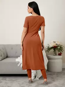 High Split Top & Leggings Lounge Set - Burnt Orange - View 2