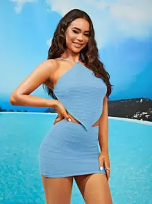 SHEIN BAE Bộ đồ hai mảnh nữ Bất đối xứng Lộ Lưng Buộc lại màu trơn Gợi cảm - Màu xanh nhạt - Xem 5