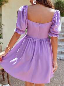 Soleia Square Neck Puff Sleeve Dress - Lilac Purple - View 2
