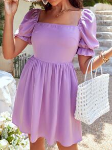 Soleia Square Neck Puff Sleeve Dress - Lilac Purple - View 4