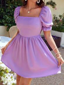 Soleia Square Neck Puff Sleeve Dress - Lilac Purple - View 5