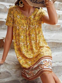 SHEIN VCAY Floral Print Tie Front Dress