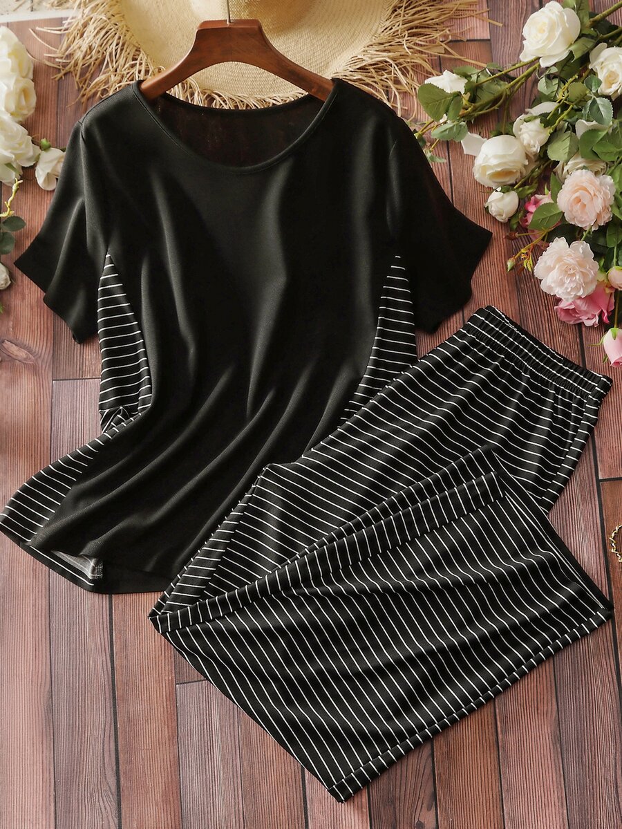 Mulvari Plus Striped Tee & Pants - Black - View 1