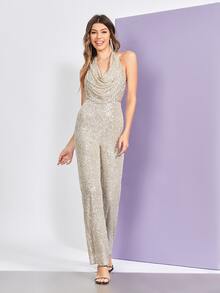 Caila Abdul Women Jumpsuits Backless Diikat Zip Plain Glamor - Sampanye - View 3