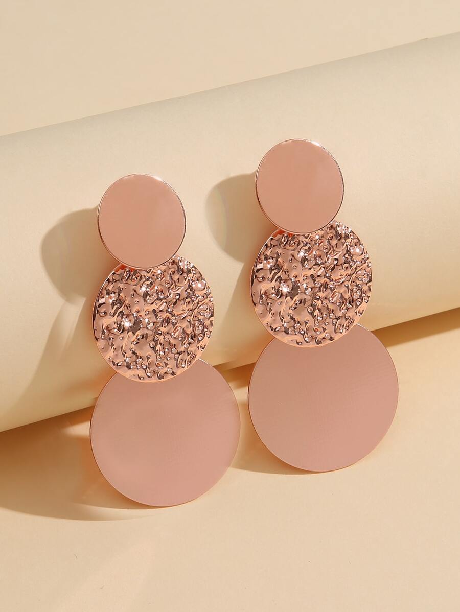 Textured Metal Round Drop Earrings - Rose Gold - View 1