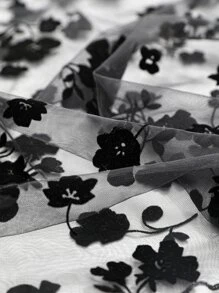 DAZY Floral Pattern Puff Sleeve Mesh Top Without Camisole - Black - View 3