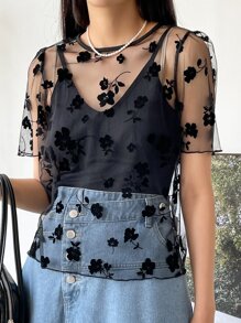 DAZY Floral Pattern Puff Sleeve Mesh Top Without Camisole - Black - View 5