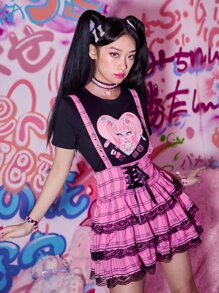 ROMWE Kawaii Plaid Contrast Lace Ruffle Hem Skirt - Pink - View 1