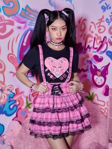 ROMWE Kawaii Plaid Contrast Lace Ruffle Hem Skirt - Pink - View 3