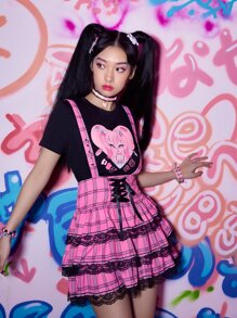 ROMWE Kawaii Plaid Contrast Lace Ruffle Hem Skirt - Pink - View 5