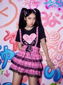 ROMWE Kawaii Plaid Contrast Lace Ruffle Hem Skirt - Pink - View 6