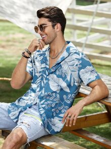 Manfinity Men Tropical Print Shirt - Blue and White - View 1
