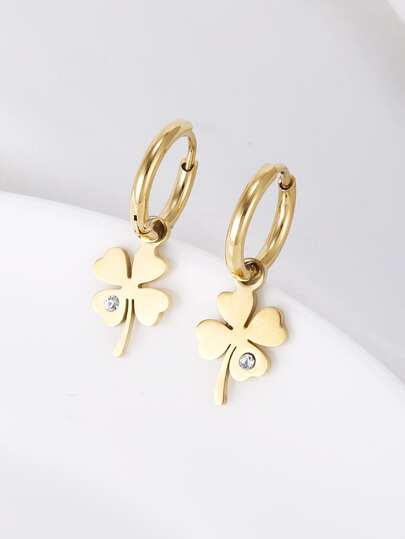 1 对奢华 18K 镀金四叶草耳环，适合优雅女士参加派对佩戴