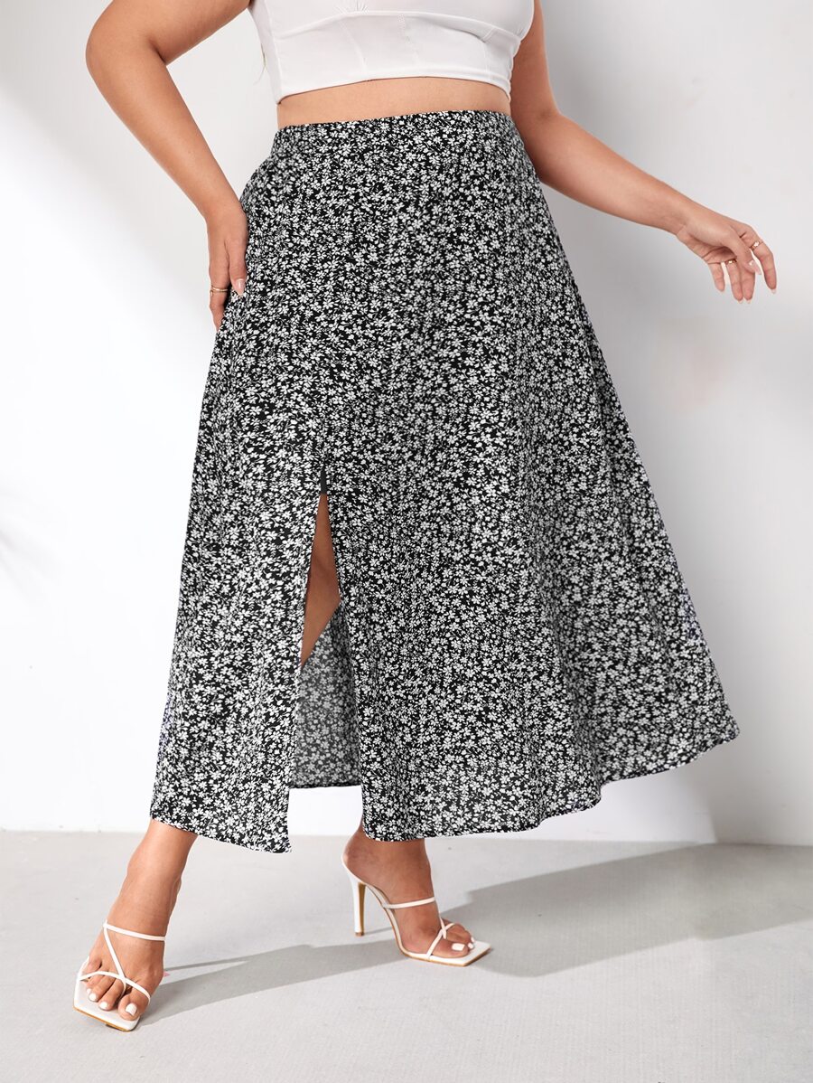 SHEIN LUNE Plus Ditsy Floral Split Thigh Skirt - Black and White - View 1