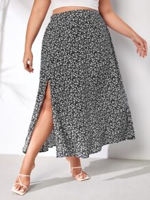 SHEIN LUNE Plus Ditsy Floral Split Thigh Skirt - Black and White - View 3