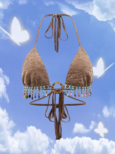 Contrast Geo Tape Beaded Trim Backless Knot Halter Top