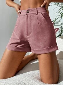 SHEIN PETITE Shorts con bolsillo oblicuo con botón delantero - Rosa vieja - Ver 3