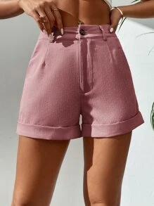 SHEIN PETITE Shorts con bolsillo oblicuo con botón delantero - Rosa vieja - Ver 5