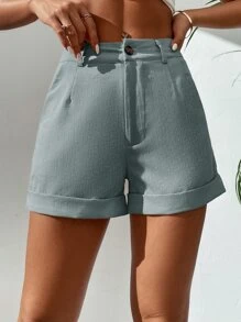 SHEIN PETITE Shorts con bolsillo oblicuo con botón delantero - Azul Cadete - Ver 4