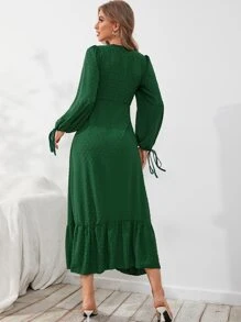 Mulvari Swiss Dot Floral Embroidery Ruffle Hem Dress - Dark Green - View 2