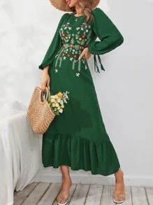 Mulvari Swiss Dot Floral Embroidery Ruffle Hem Dress - Dark Green - View 3