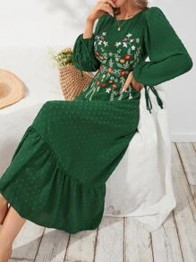 Mulvari Swiss Dot Floral Embroidery Ruffle Hem Dress - Dark Green - View 4