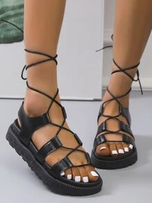 Women's Casual Fashion Lace-Up Flat Sandals - Black - View 2