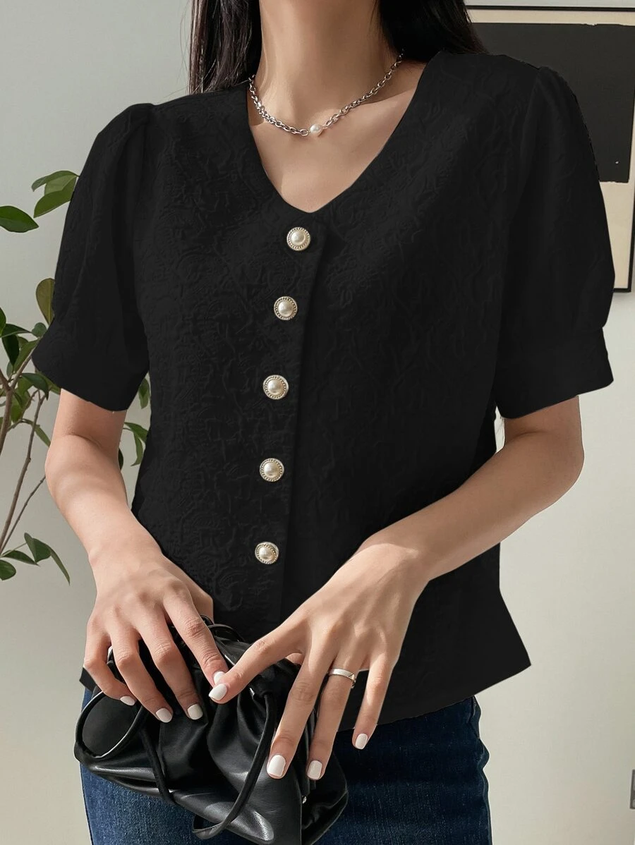 DAZY Puff Sleeve Button Up Blouse - Black - View 1