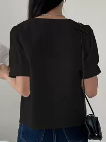 DAZY Puff Sleeve Button Up Blouse - Black - View 2