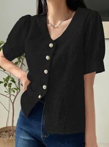 DAZY Puff Sleeve Button Up Blouse - Black - View 3