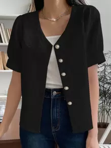 DAZY Puff Sleeve Button Up Blouse - Black - View 4