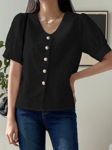 DAZY Puff Sleeve Button Up Blouse - Black - View 5