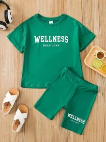 SHEIN 小女童字母圖案T恤和機車短褲 - 綠色 - 查看 1