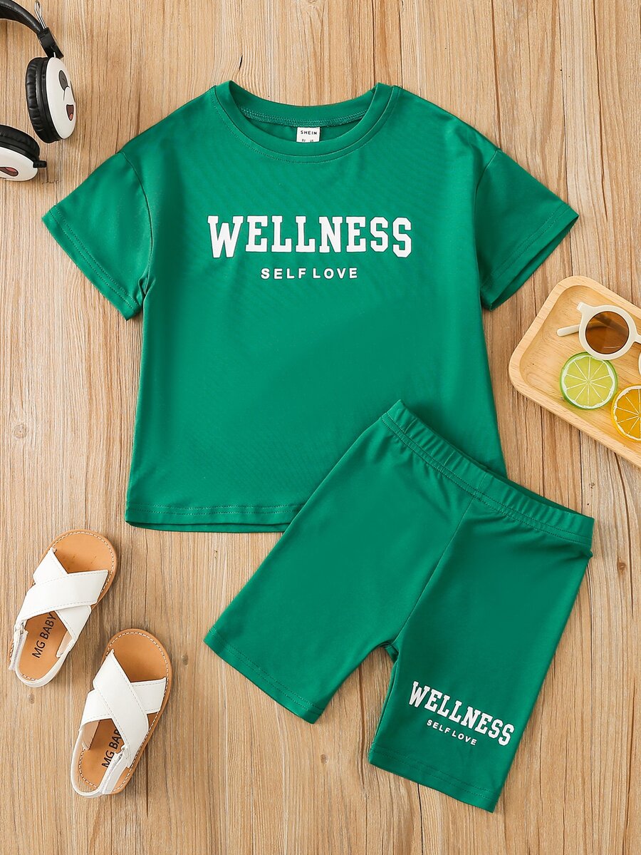 SHEIN 小女童字母圖案T恤和機車短褲 - 綠色 - 查看 1
