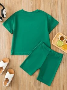 SHEIN 小女童字母圖案T恤和機車短褲 - 綠色 - 查看 2