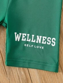 SHEIN 小女童字母圖案T恤和機車短褲 - 綠色 - 查看 4