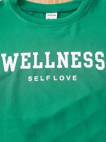 SHEIN 小女童字母圖案T恤和機車短褲 - 綠色 - 查看 7