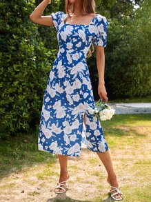 滿版印花繫帶高衩洋裝 - 藍色 - 查看 5