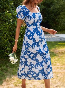 滿版印花繫帶高衩洋裝 - 藍色 - 查看 6