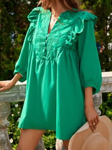 Aveloria Rosie Đầm tay giám mục thêu ren viền bèo nhún cho nữ thanh lịch - màu xanh lá - Xem 5