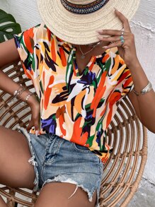 SHEIN Holidaya 筆刷圖案缺口領襯衫 - 彩色 - 查看 6